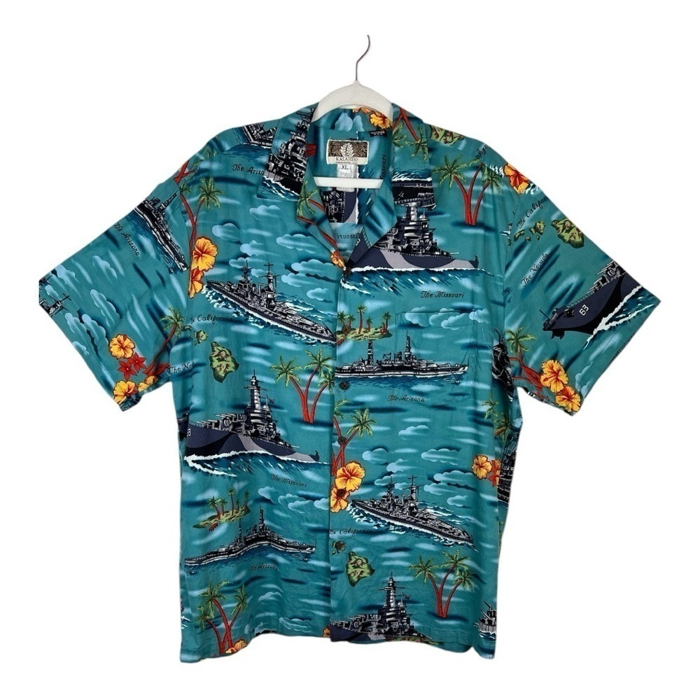 Kalaheo Sz XL US Navy Shirt Tropical Print Shirt Short Sleeve Teal Blue